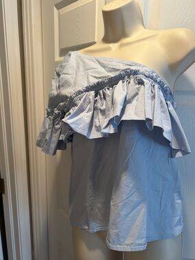 Marled Light Blue One-Shoulder Ruffle Blouse